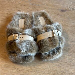 Robert Clergerie Faux Fur Brown Slide Sandals with Buckle